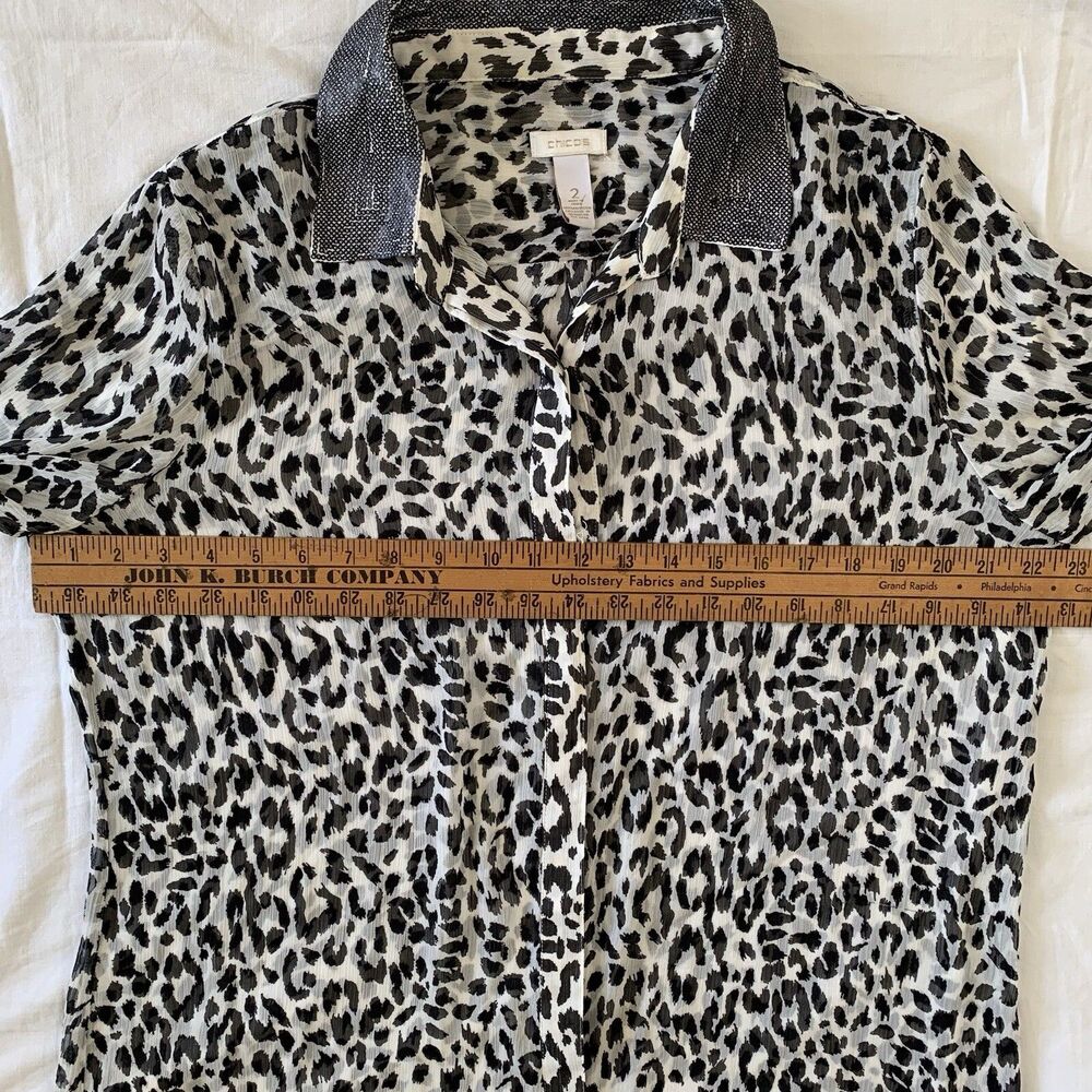 Chicos Chiffon Button Up Blouse Large Sheer Leopard Cheetah Mob Wife Glam Chic - Picture 7 of 16